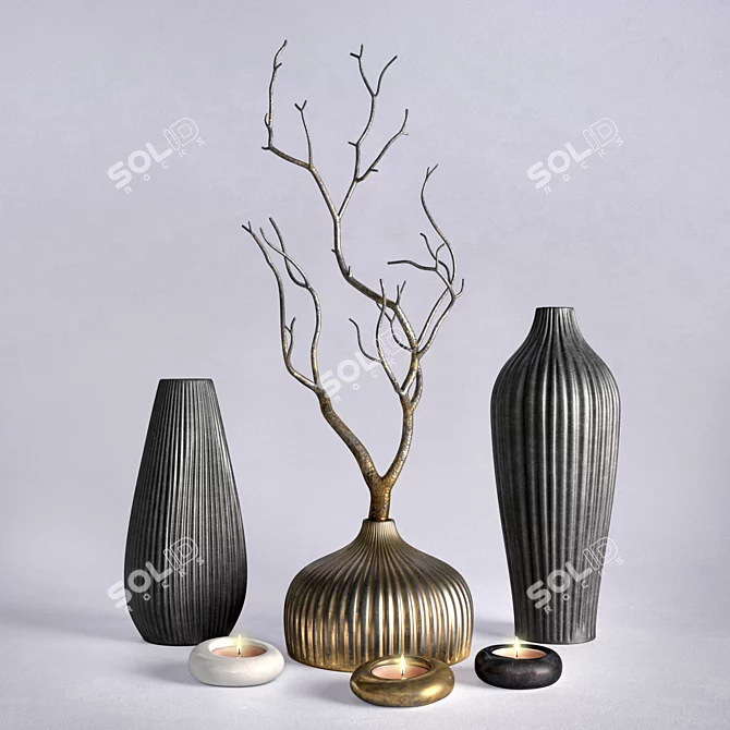 Elegant Vases & Branch Décor 3D model image 4