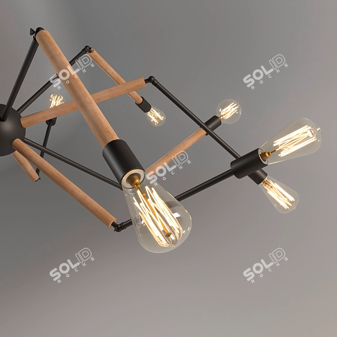 Industrial Wood and Metal Ceiling Lamp 3D model image 2