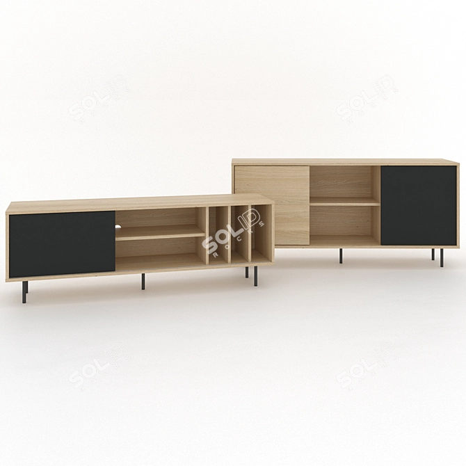 Modern Oak Black TV Bench & Sideboard Set 3D model image 4
