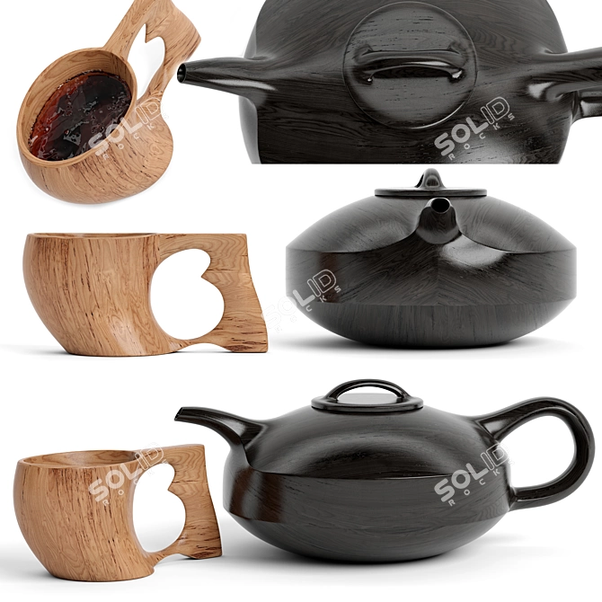 Natural Wood Cup and Teapot 3D model image 1