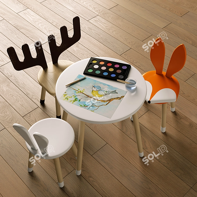 Cute Animal Children's Chairs and Table 3D model image 2