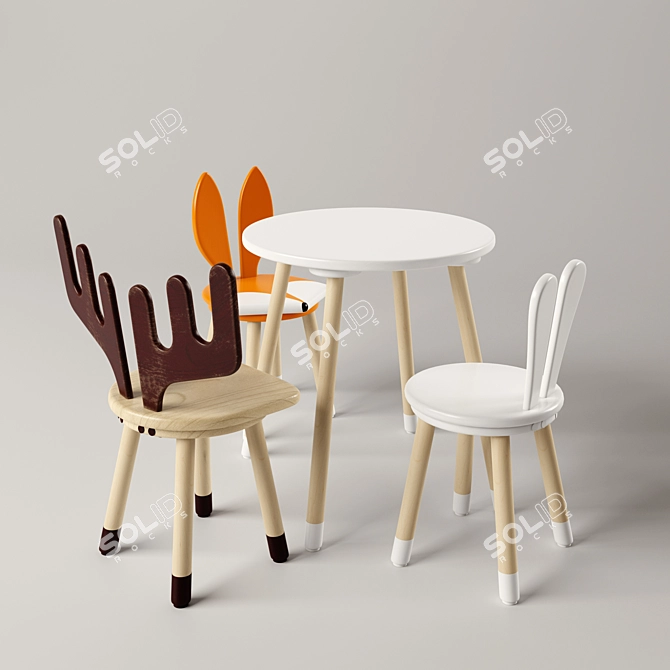 Cute Animal Children's Chairs and Table 3D model image 6