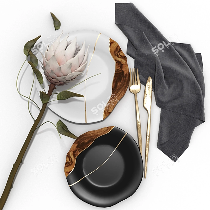 Elegant Wabi-Sabi Plate Set & Protea 3D model image 1