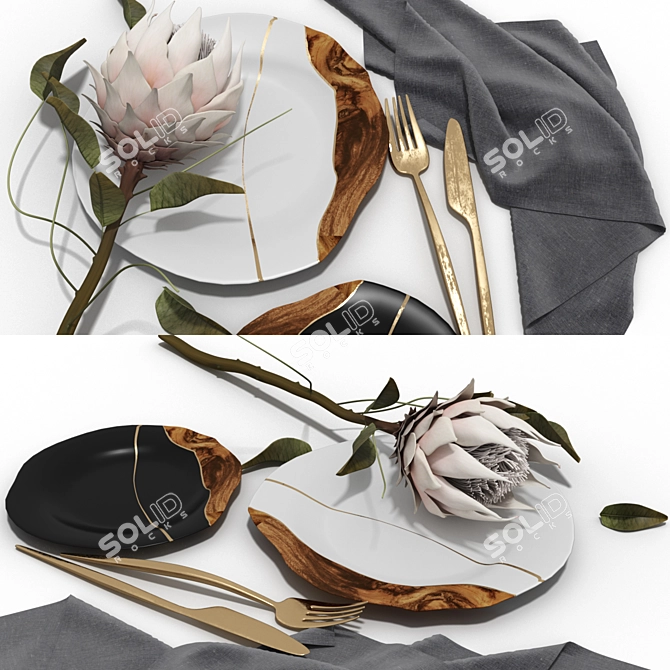 Elegant Wabi-Sabi Plate Set & Protea 3D model image 2