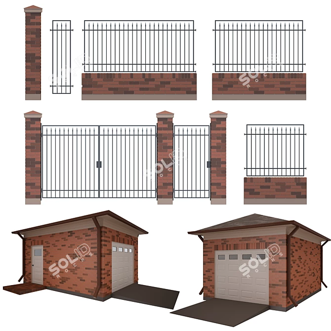 Brick Mesh Fence Kit with Gate 3D model image 1