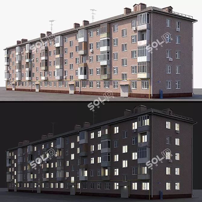 Khrushchev Red Brick Residential Building 3D model image 1