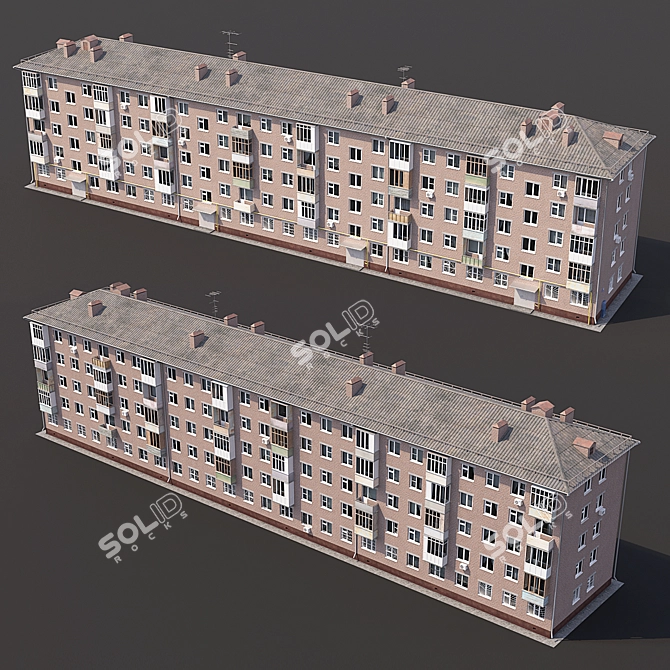 Khrushchev Red Brick Residential Building 3D model image 4