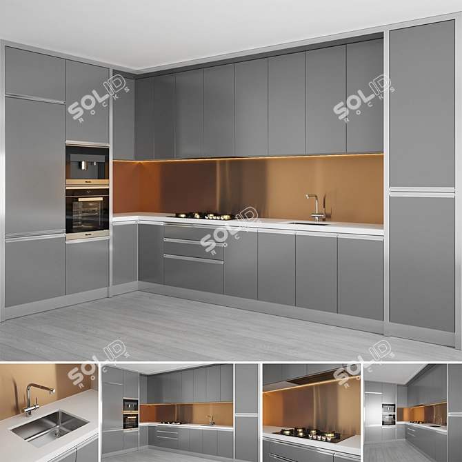 Modern Kitchen Set with Gas Hob, Sink, Oven, and Hood 3D model image 1