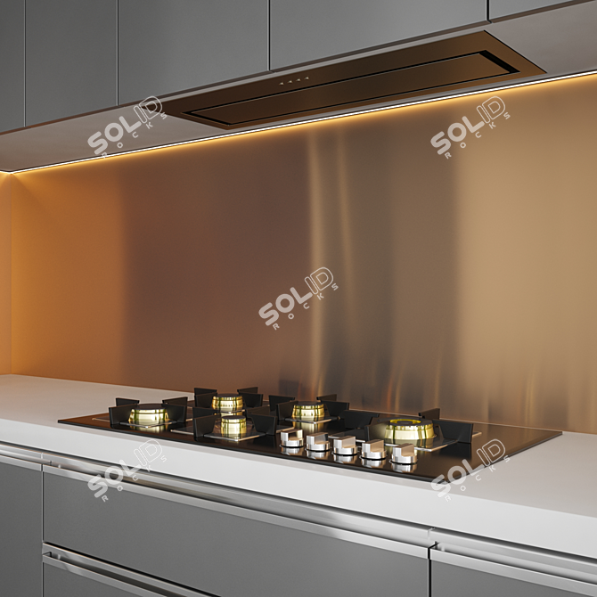 Modern Kitchen Set with Gas Hob, Sink, Oven, and Hood 3D model image 3