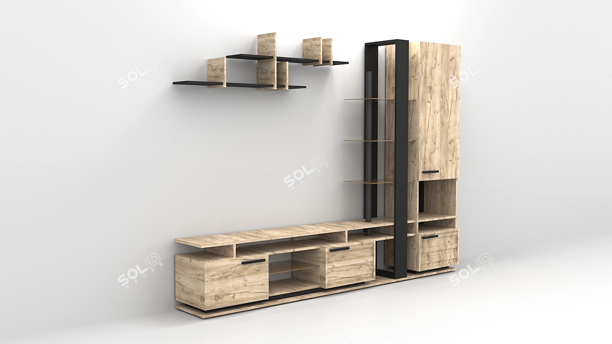 Modern Oslo TV Stand - Gray Oak & Black 3D model image 3