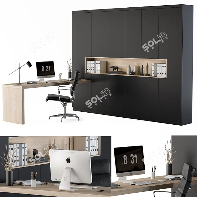 Sleek Black L-Type Desk & Wardrobe 3D model image 1