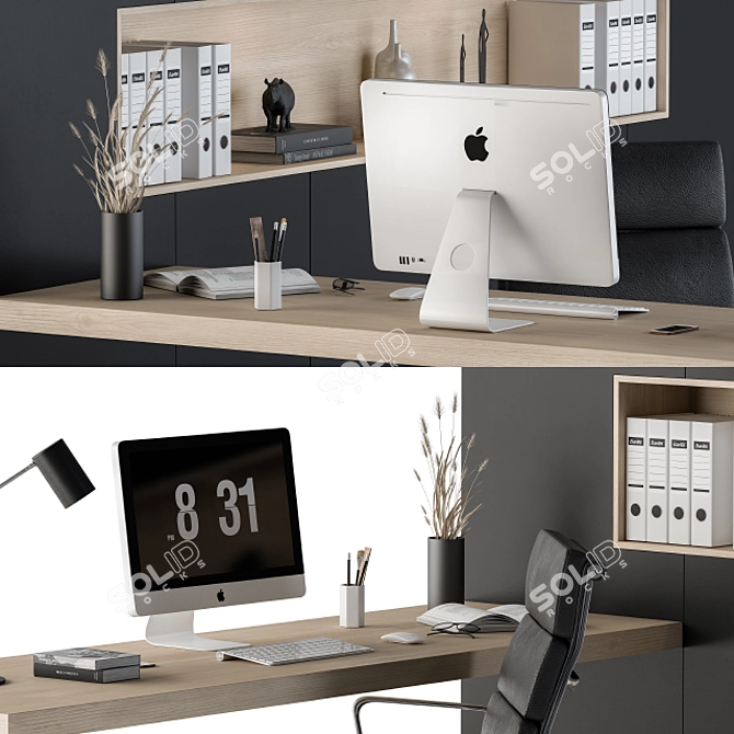 Sleek Black L-Type Desk & Wardrobe 3D model image 2