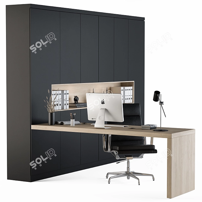 Sleek Black L-Type Desk & Wardrobe 3D model image 3
