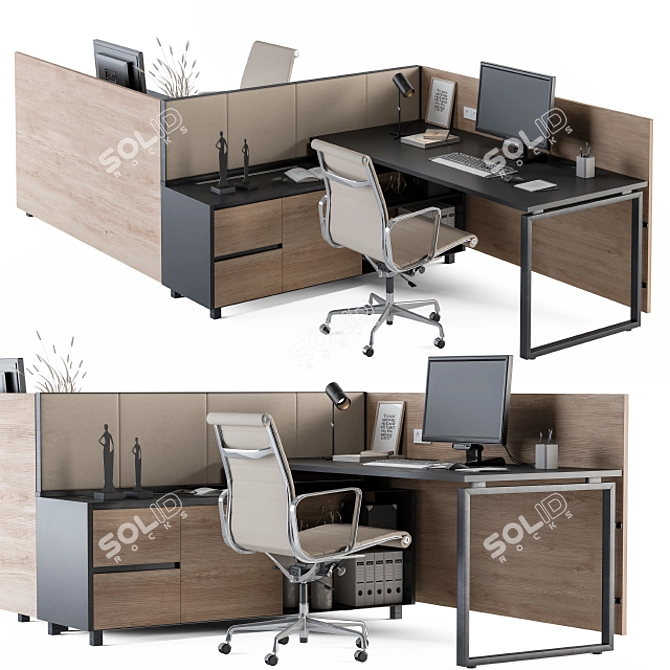 Cream Wood Office Desk Set 3D model image 1