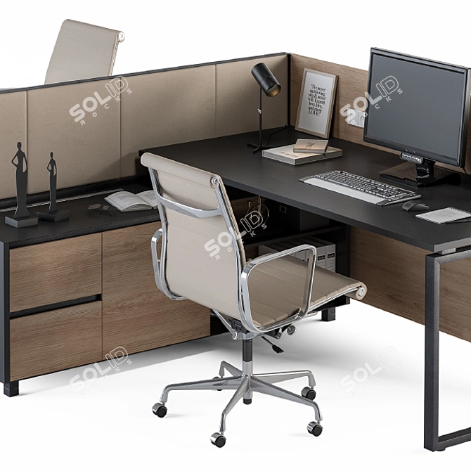 Cream Wood Office Desk Set 3D model image 3