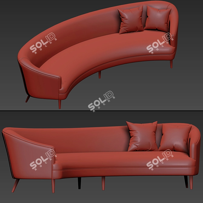 Mid Century Long Curve Sofa with Pillow 3D model image 2