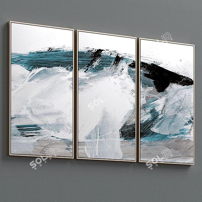 Golden Wave Triptych: Framed Canvas Set 3D model image 2