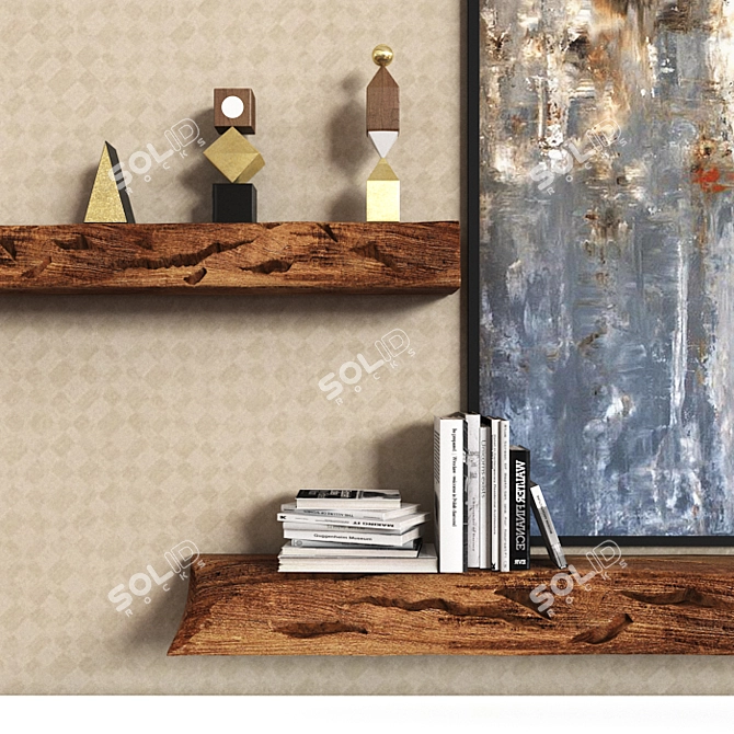 Rustic Wooden Block Wall Shelf 3D model image 2