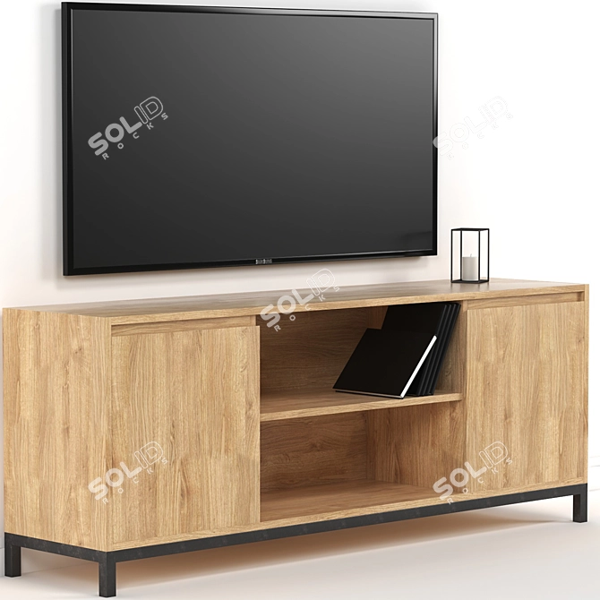 Modern Loft TV Stand with Solid Ash Wood and Metal Legs 3D model image 1