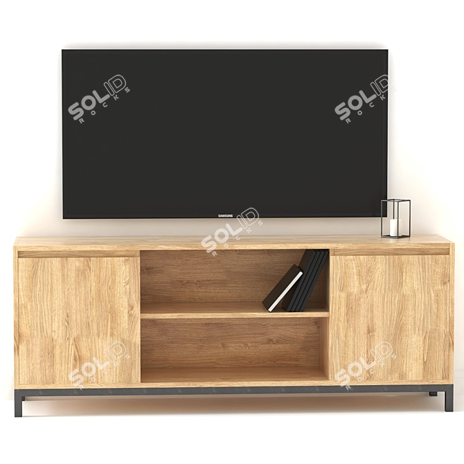 Modern Loft TV Stand with Solid Ash Wood and Metal Legs 3D model image 2