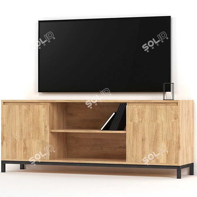 Modern Loft TV Stand with Solid Ash Wood and Metal Legs 3D model image 3