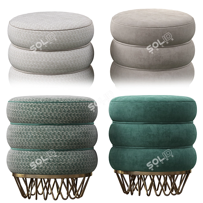 Plush Velvet Ottoman with Gold Base 3D model image 1