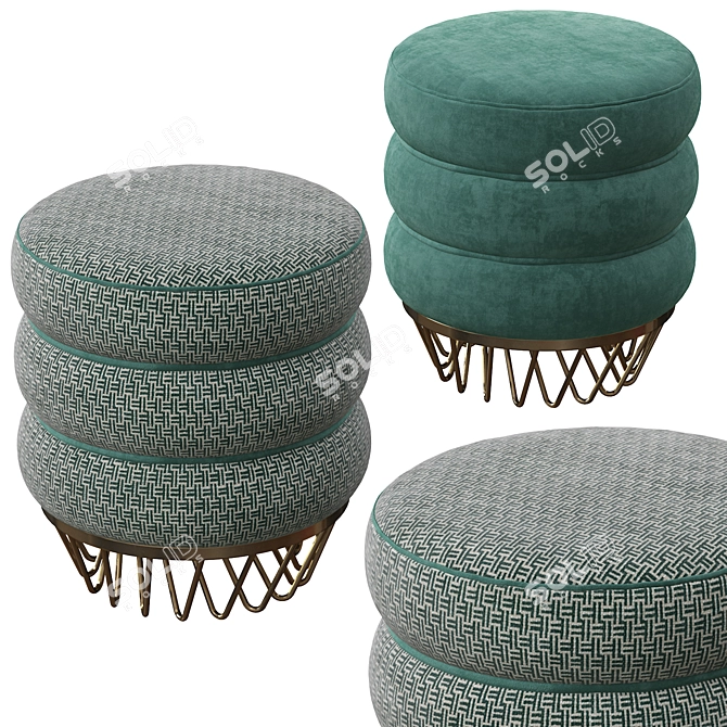 Plush Velvet Ottoman with Gold Base 3D model image 2