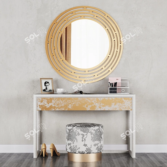 CAZARINA Mirrored Dressing Table with Ottoman 3D model image 1