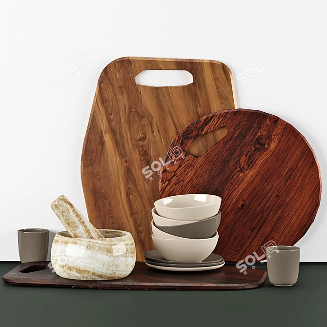Elegant Wooden Tableware 3D model image 1