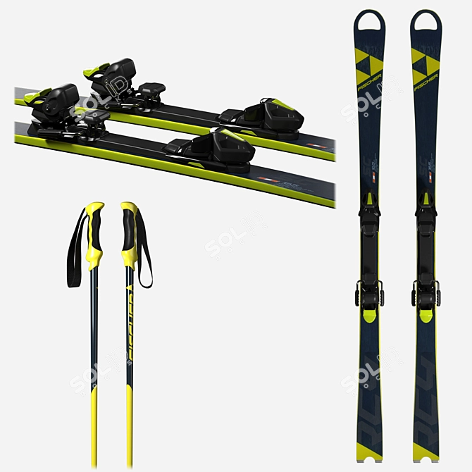 Fischer RC4 Slalom Ski Bundle: Ski, Sticks, Bindings 3D model image 1