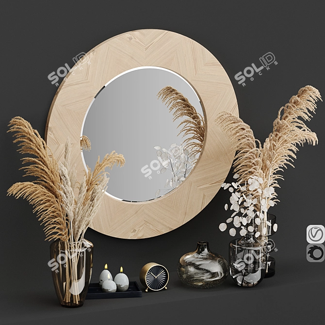 Unique Decorative Set: Mirror, Clock & Vases 3D model image 1