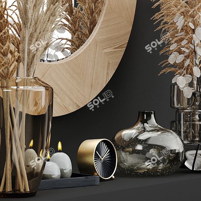 Unique Decorative Set: Mirror, Clock & Vases 3D model image 2