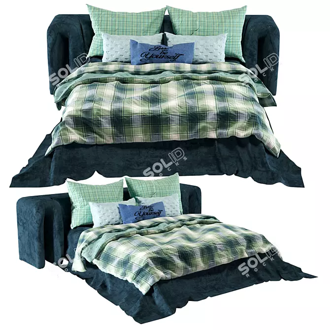 Checkered Green Velvet Bed Set 3D model image 1