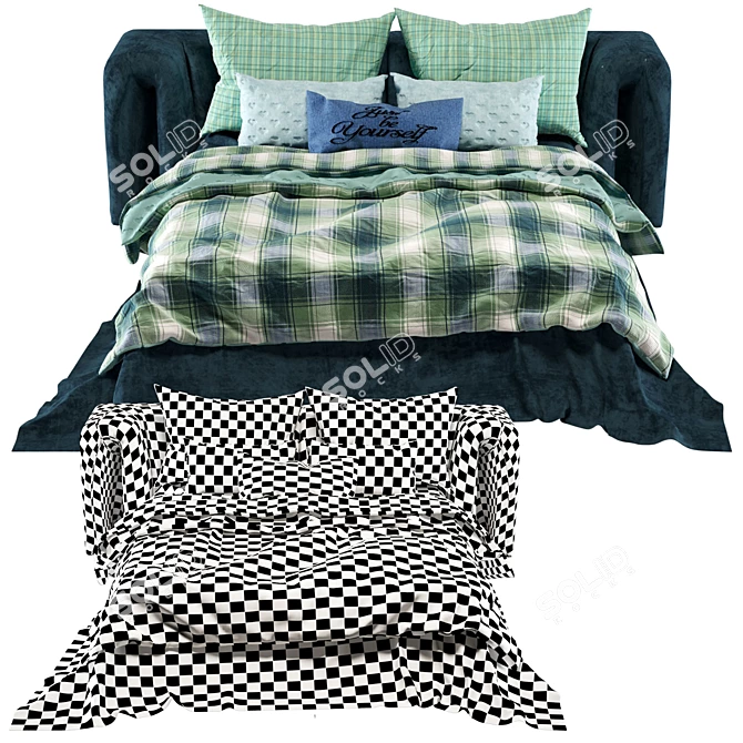 Checkered Green Velvet Bed Set 3D model image 2