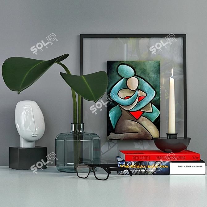 Eclectic Decor Set: Photo Frame, Books, Candles, Glasses 3D model image 1