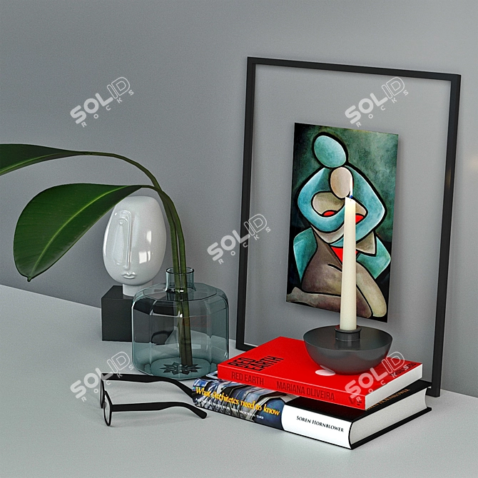 Eclectic Decor Set: Photo Frame, Books, Candles, Glasses 3D model image 2