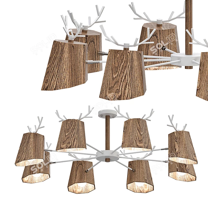 Scandinavian Style Wooden Chandelier with Deer Antlers 3D model image 1