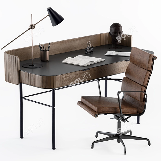 Retro Wooden Office Desk 3D model image 2