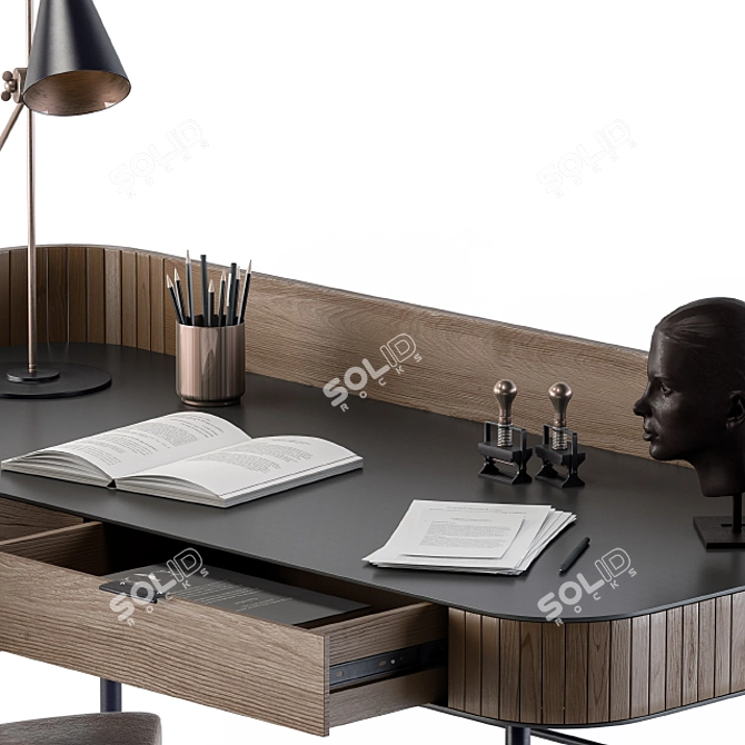 Retro Wooden Office Desk 3D model image 3