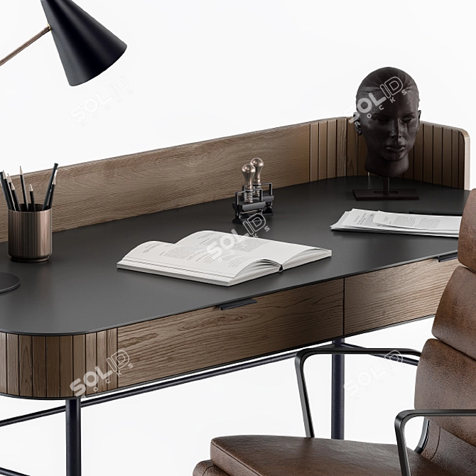 Retro Wooden Office Desk 3D model image 4