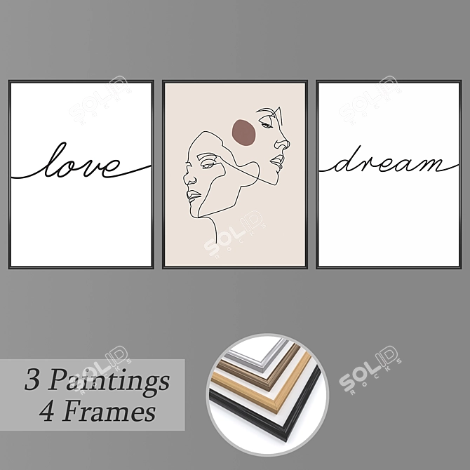 Elegant Wall Art Set with 3 Paintings & 4 Frame Options 3D model image 1