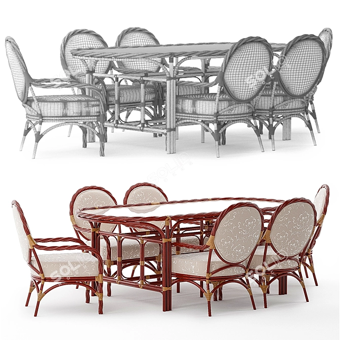 Rattan Bamboo Ophelia Set: Table & Chair 3D model image 2