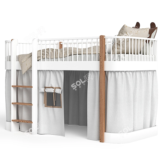 Modern White Oak Low Loft Bed 3D model image 2