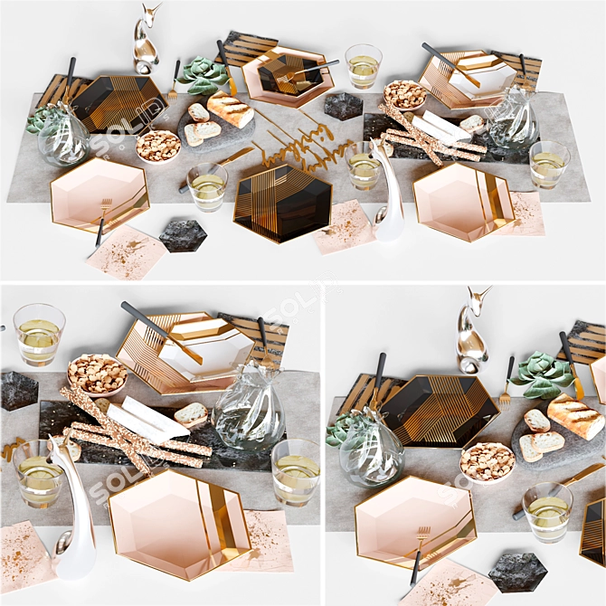 Elegant Table Setting: Crockery, Cutlery, Baguette, Wine 3D model image 2