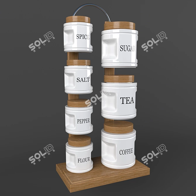 Wooden Stand Kitchen Set: 7 Jars 3D model image 1