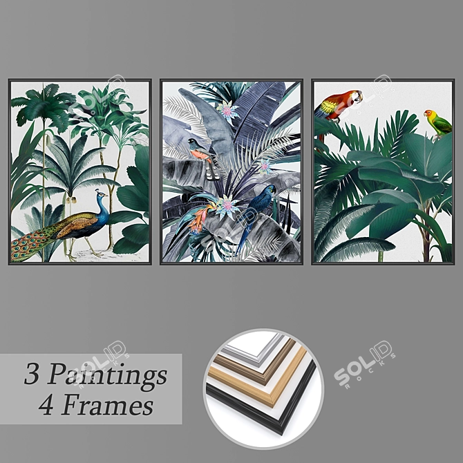 Elegant Gallery Set: 3 Paintings, 4 Frame Options 3D model image 1