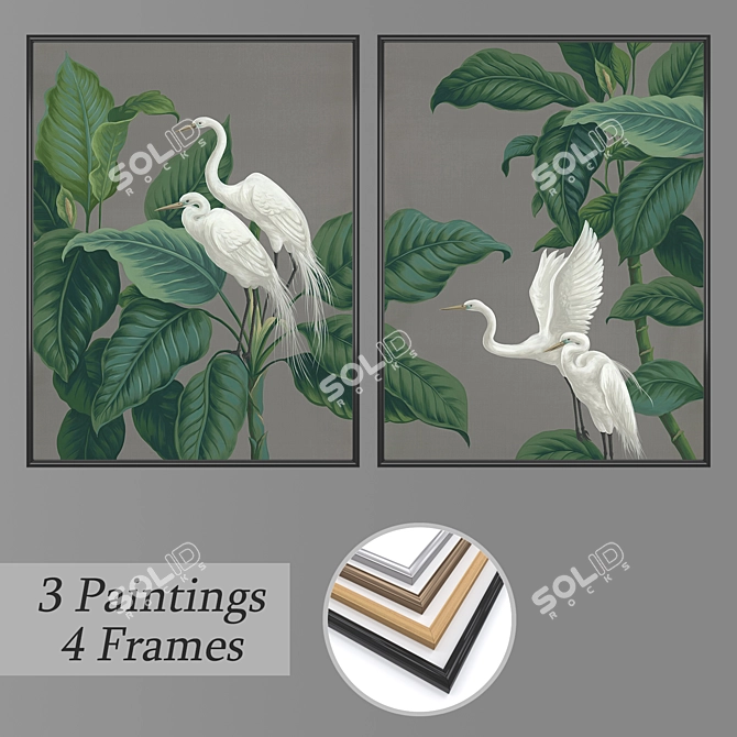 Duo of Wall Paintings with 4 Frame Options 3D model image 1