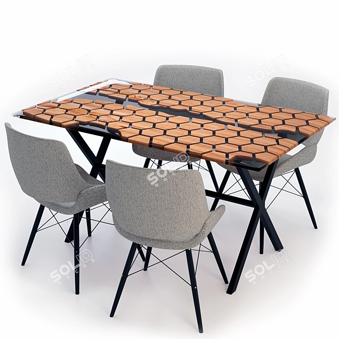 Modern Oak Dining Table and Chairs 3D model image 1