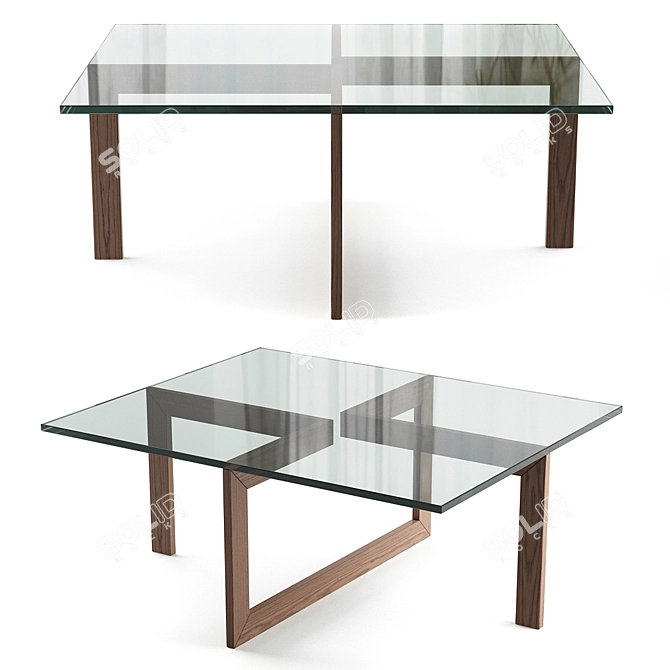 Modern Glass Table with Wooden Legs 3D model image 1
