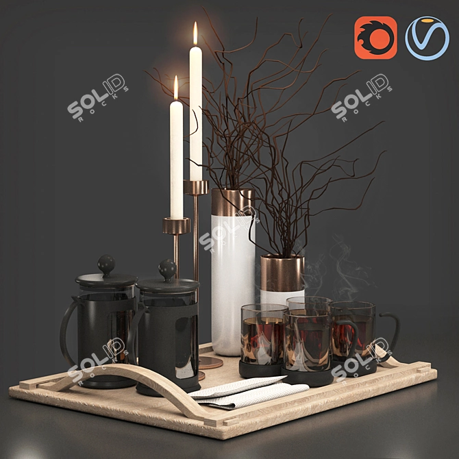 Herbal Infusion Delight: Tea Set with Vase 3D model image 1